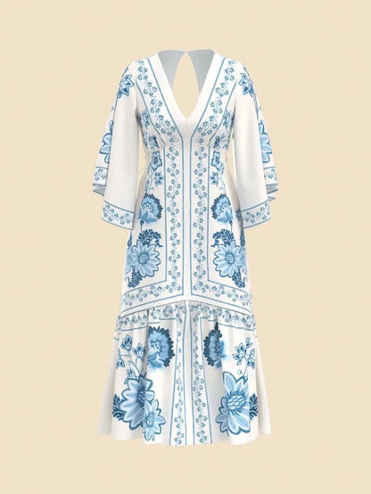 Boho Blue Floral Midi Dress with V - Neck & Batwing Sleeves - Satin Whisper