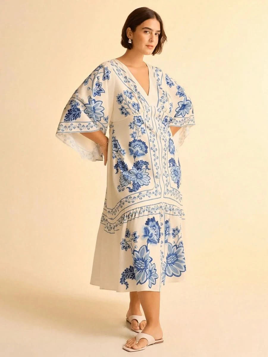 Boho Blue Floral Midi Dress with V - Neck & Batwing Sleeves - Satin Whisper