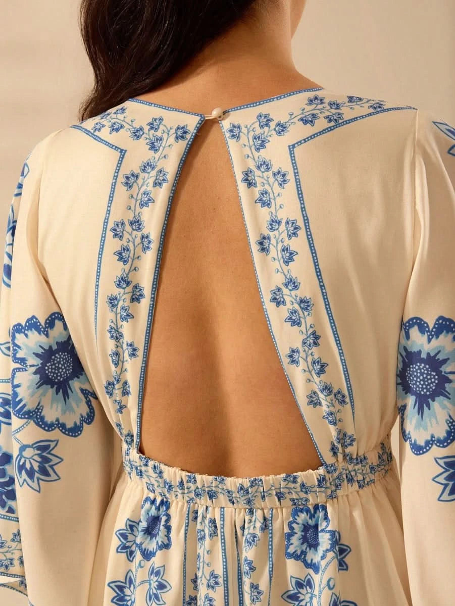 Boho Blue Floral Midi Dress with V - Neck & Batwing Sleeves - Satin Whisper