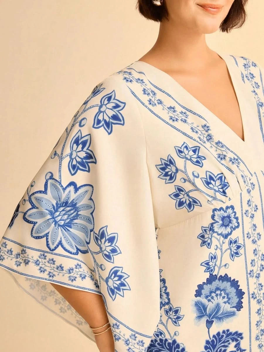 Boho Blue Floral Midi Dress with V - Neck & Batwing Sleeves - Satin Whisper