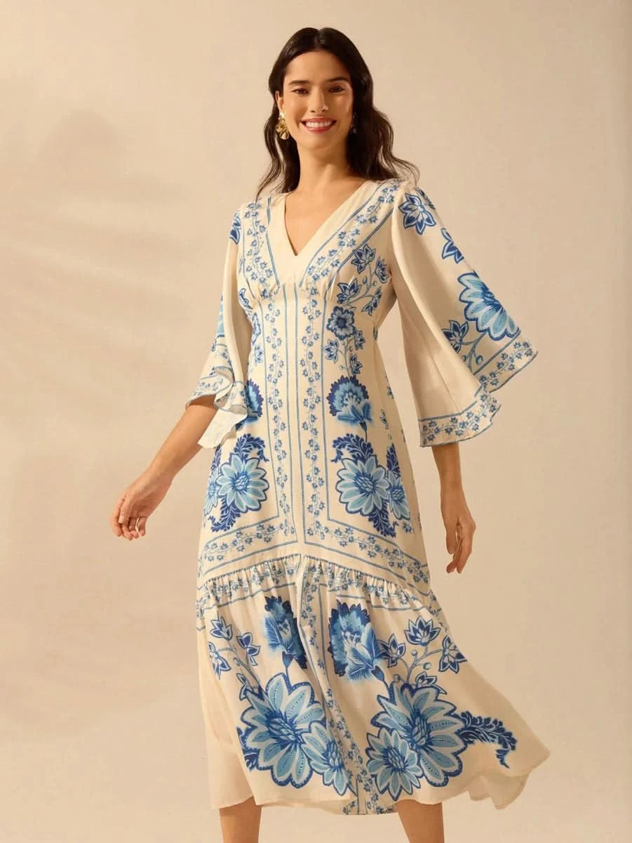 Boho Blue Floral Midi Dress with V - Neck & Batwing Sleeves - Satin Whisper