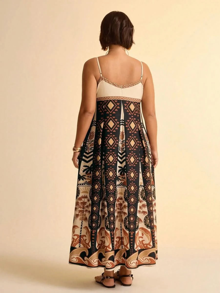 Boho Coconut Tree & Pineapple Maxi Dress with V - Neck - Satin Whisper