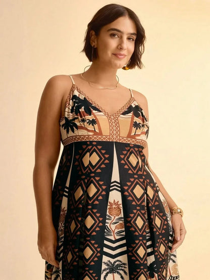 Boho Coconut Tree & Pineapple Maxi Dress with V - Neck - Satin Whisper