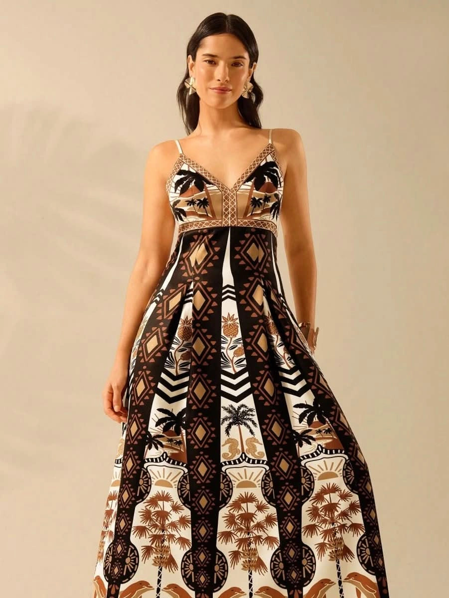 Boho Coconut Tree & Pineapple Maxi Dress with V - Neck - Satin Whisper