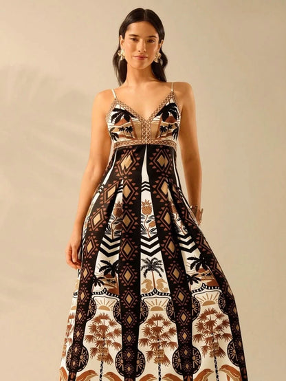 Boho Coconut Tree & Pineapple Maxi Dress with V - Neck - Satin Whisper