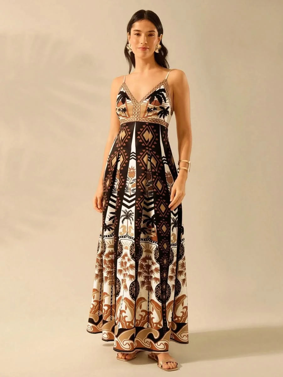 Boho Coconut Tree & Pineapple Maxi Dress with V - Neck - Satin Whisper