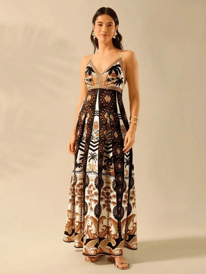 Boho Coconut Tree & Pineapple Maxi Dress with V - Neck - Satin Whisper