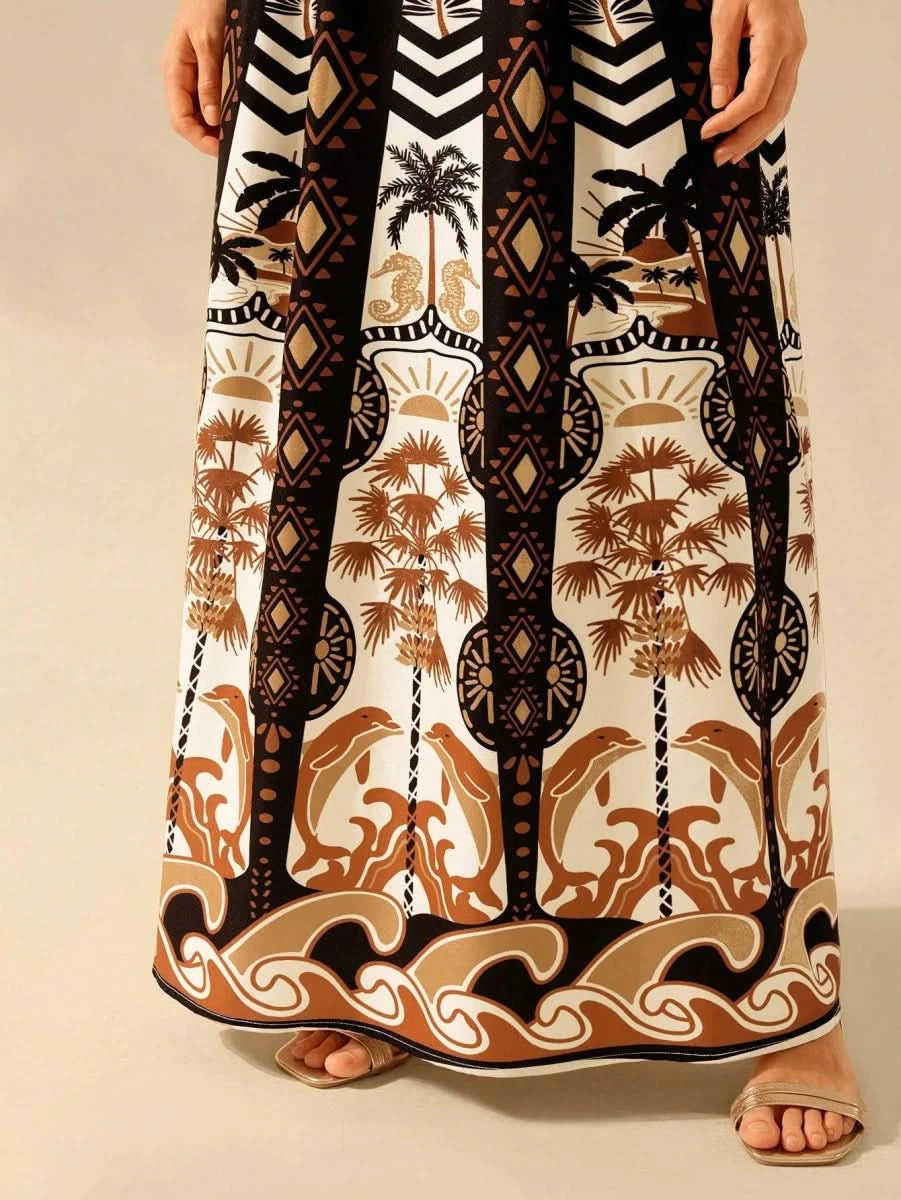 Boho Coconut Tree & Pineapple Maxi Dress with V - Neck - Satin Whisper