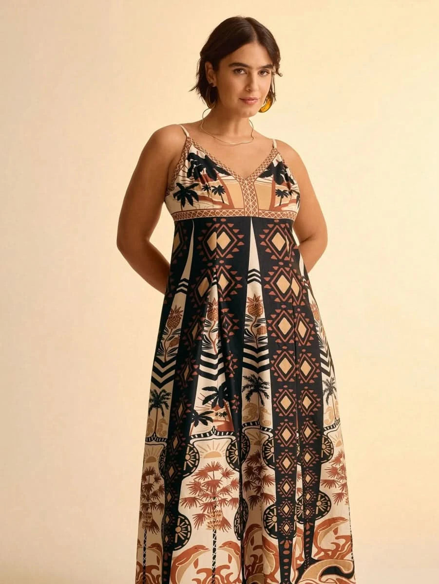 Boho Coconut Tree & Pineapple Maxi Dress with V - Neck - Satin Whisper