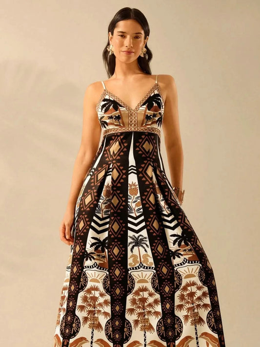 Boho Coconut Tree & Pineapple Maxi Dress with V - Neck - Satin Whisper