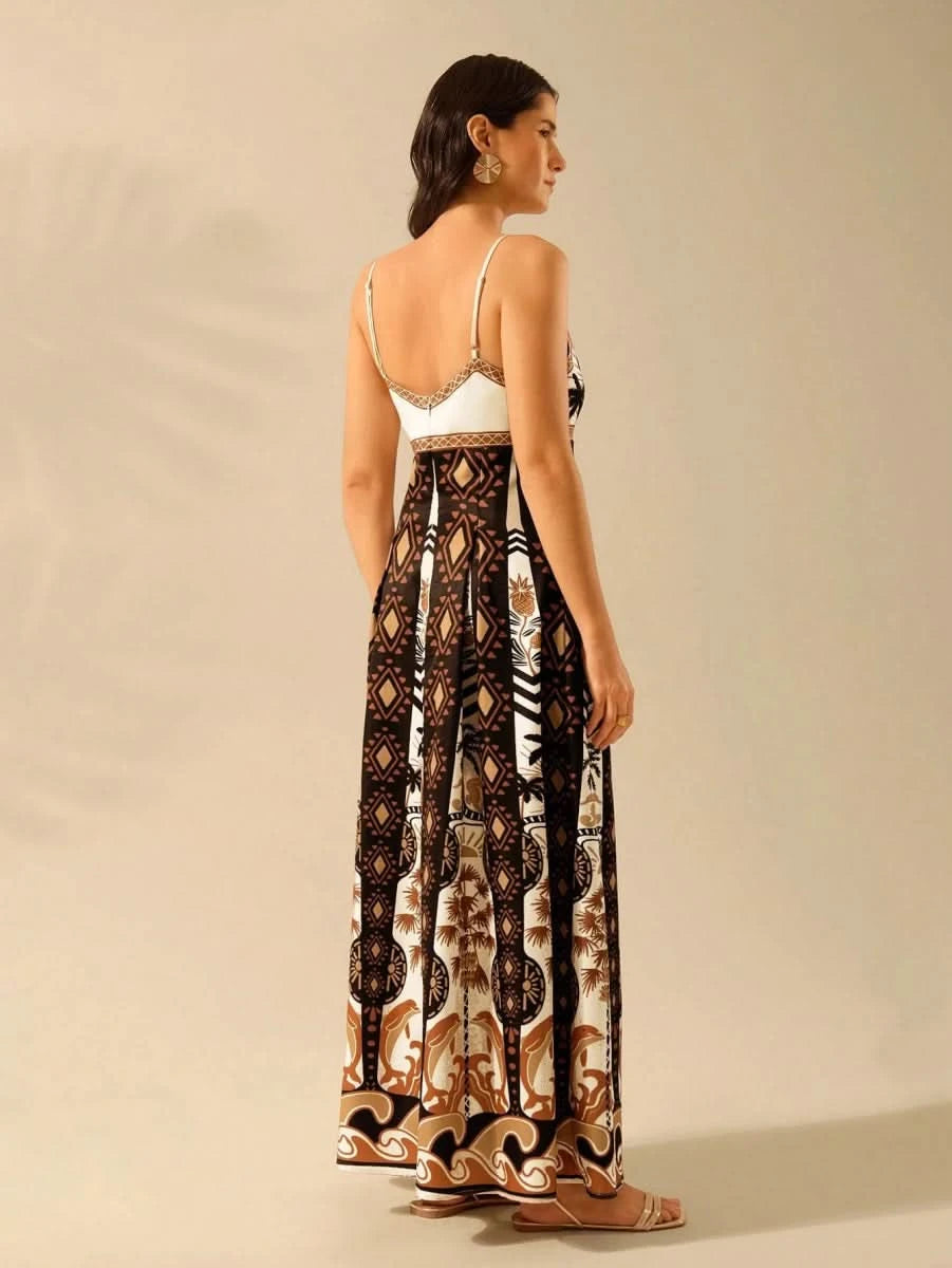 Boho Coconut Tree & Pineapple Maxi Dress with V - Neck - Satin Whisper
