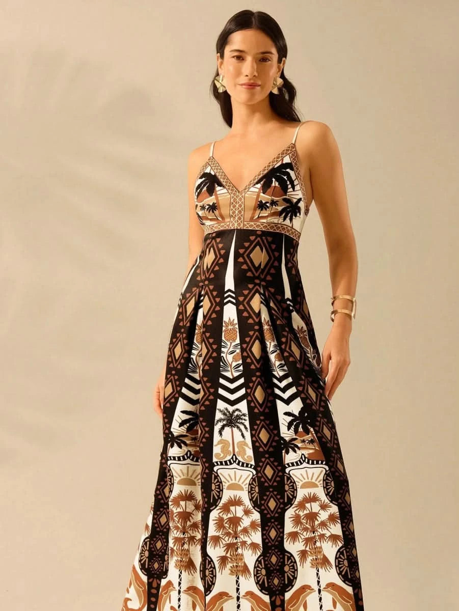 Boho Coconut Tree & Pineapple Maxi Dress with V - Neck - Satin Whisper