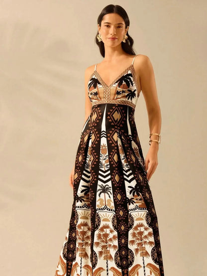 Boho Coconut Tree & Pineapple Maxi Dress with V - Neck - Satin Whisper