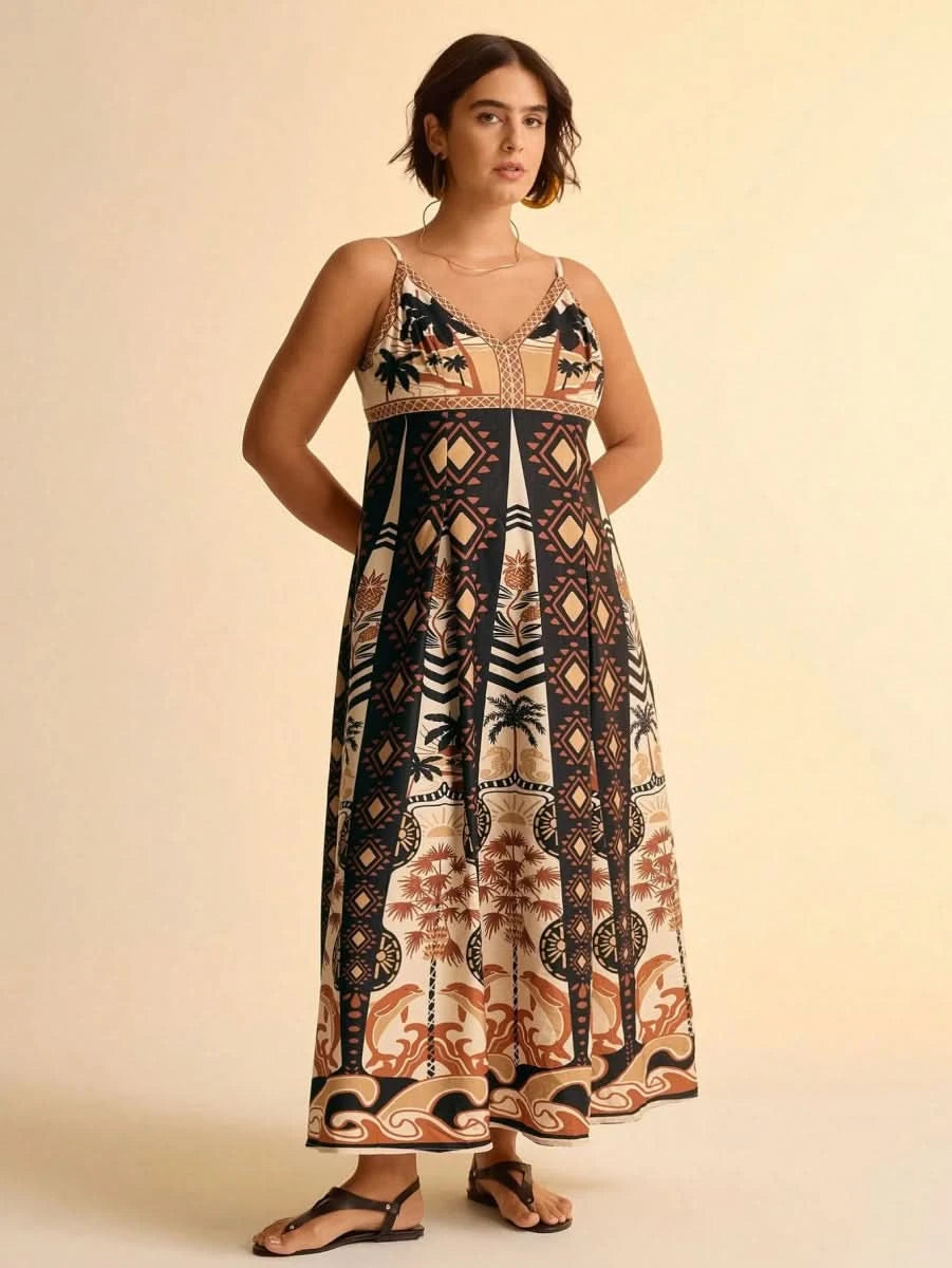 Boho Coconut Tree & Pineapple Maxi Dress with V - Neck - Satin Whisper
