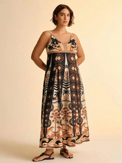 Boho Coconut Tree & Pineapple Maxi Dress with V - Neck - Satin Whisper