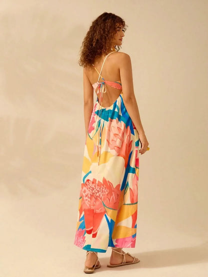 Boho Colorful Tropical Maxi Dress with Draped Neckline and Open Back Tie - Satin Whisper