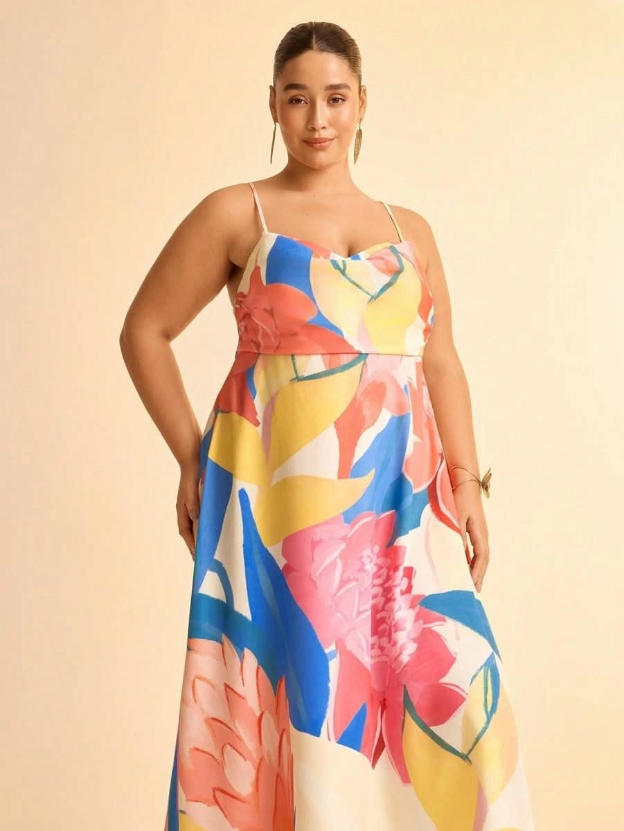 Boho Colorful Tropical Maxi Dress with Draped Neckline and Open Back Tie - Satin Whisper