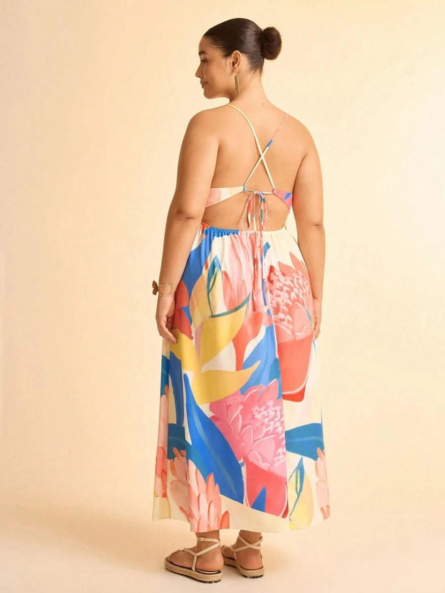 Boho Colorful Tropical Maxi Dress with Draped Neckline and Open Back Tie - Satin Whisper