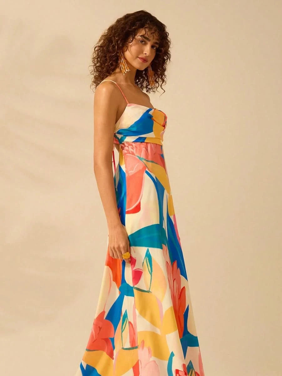 Boho Colorful Tropical Maxi Dress with Draped Neckline and Open Back Tie - Satin Whisper