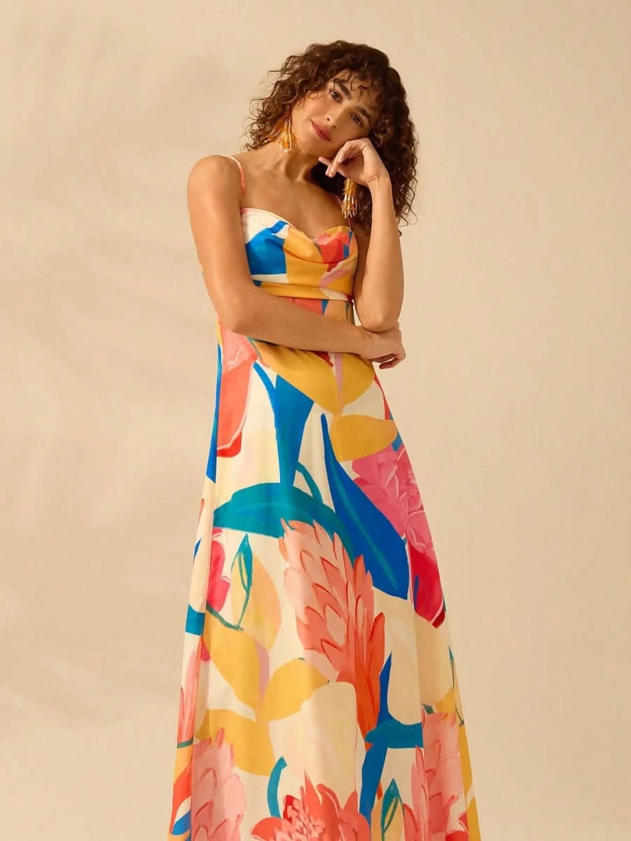 Boho Colorful Tropical Maxi Dress with Draped Neckline and Open Back Tie - Satin Whisper