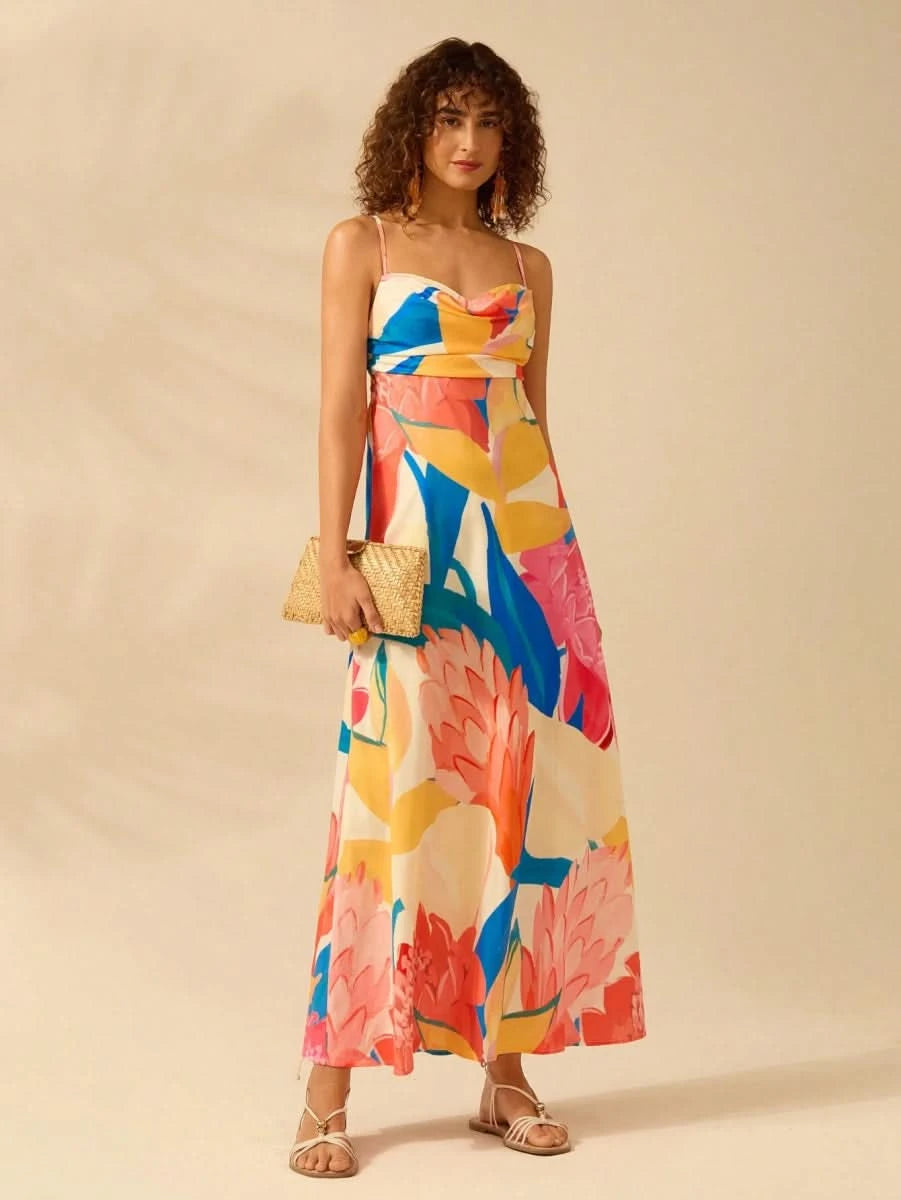 Boho Colorful Tropical Maxi Dress with Draped Neckline and Open Back Tie - Satin Whisper