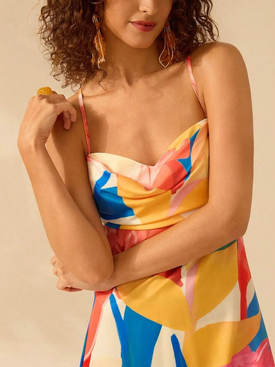 Boho Colorful Tropical Maxi Dress with Draped Neckline and Open Back Tie - Satin Whisper