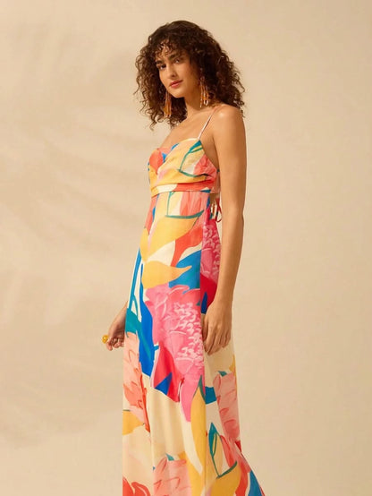 Boho Colorful Tropical Maxi Dress with Draped Neckline and Open Back Tie - Satin Whisper