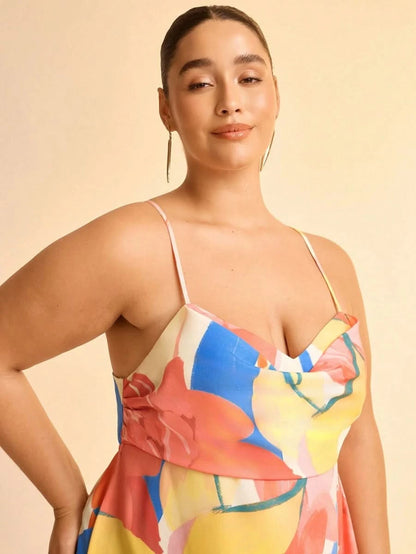 Boho Colorful Tropical Maxi Dress with Draped Neckline and Open Back Tie - Satin Whisper