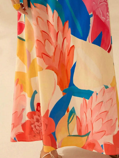 Boho Colorful Tropical Maxi Dress with Draped Neckline and Open Back Tie - Satin Whisper