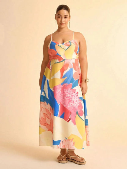 Boho Colorful Tropical Maxi Dress with Draped Neckline and Open Back Tie - Satin Whisper