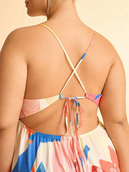 Boho Colorful Tropical Maxi Dress with Draped Neckline and Open Back Tie - Satin Whisper