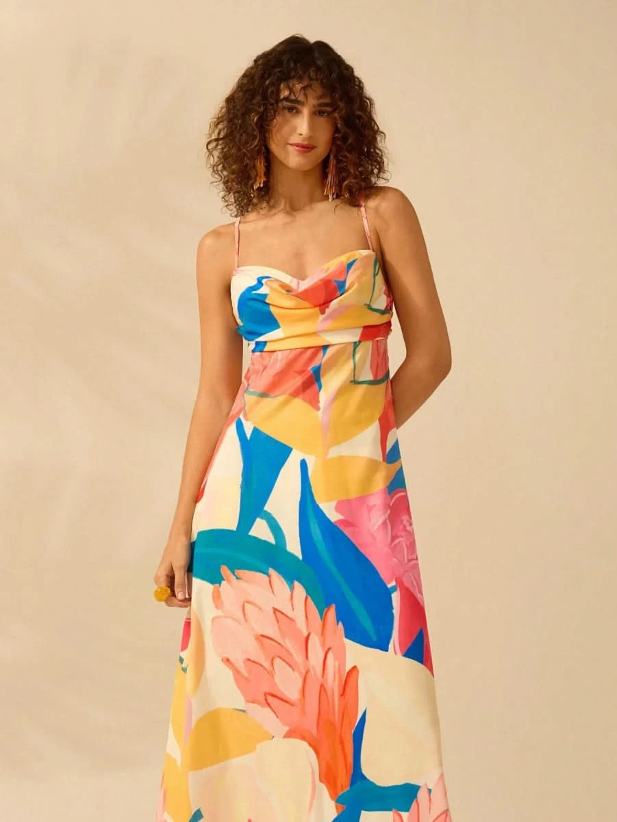 Boho Colorful Tropical Maxi Dress with Draped Neckline and Open Back Tie - Satin Whisper