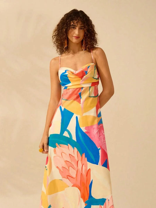 Boho Colorful Tropical Maxi Dress with Draped Neckline and Open Back Tie - Satin Whisper
