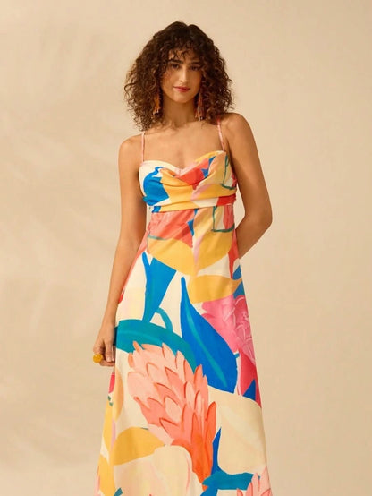 Boho Colorful Tropical Maxi Dress with Draped Neckline and Open Back Tie - Satin Whisper