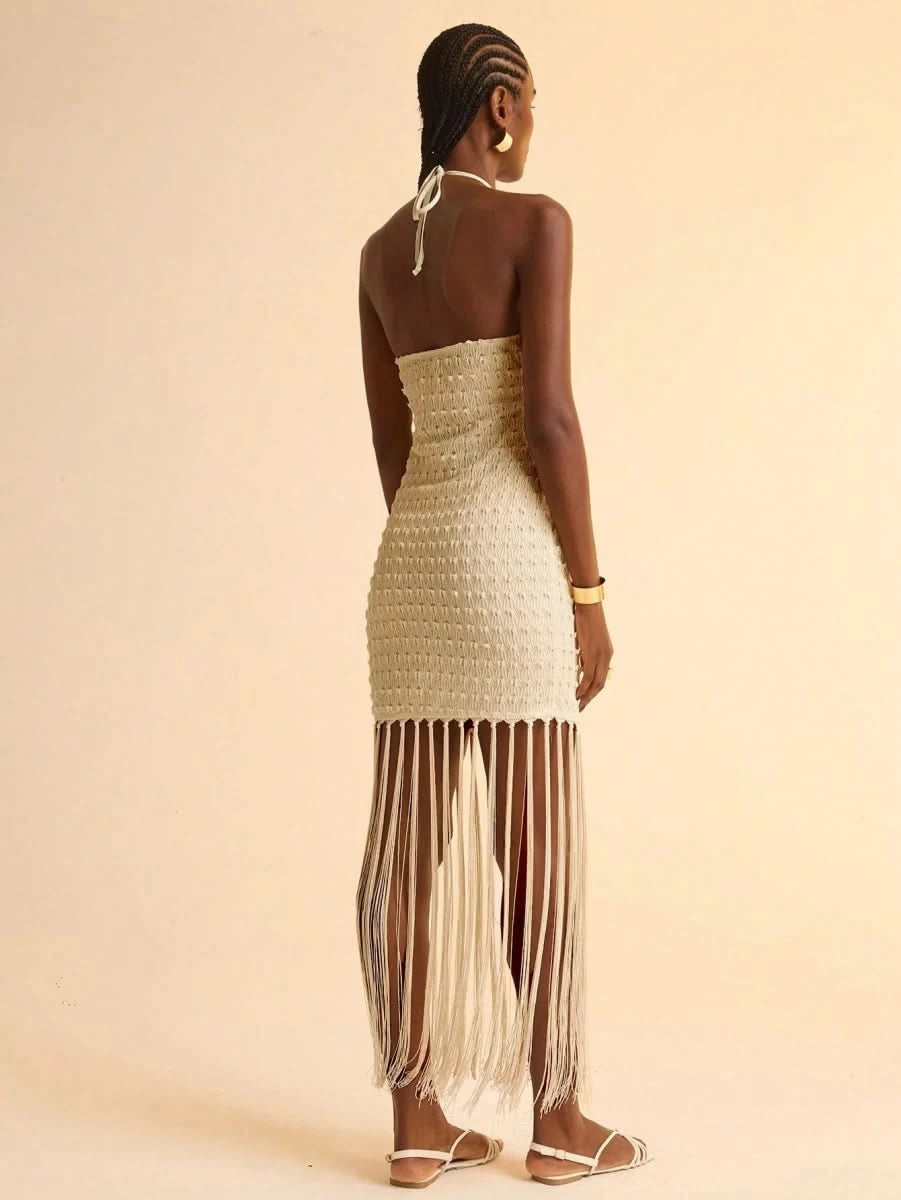 Boho Halter Pearl - Accent Tassel Mini Dress - Satin Whisper