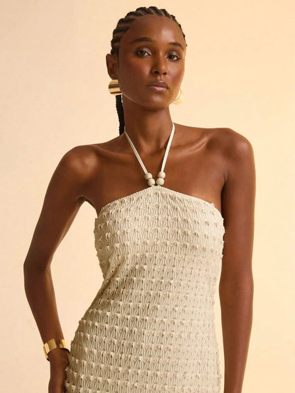 Boho Halter Pearl - Accent Tassel Mini Dress - Satin Whisper
