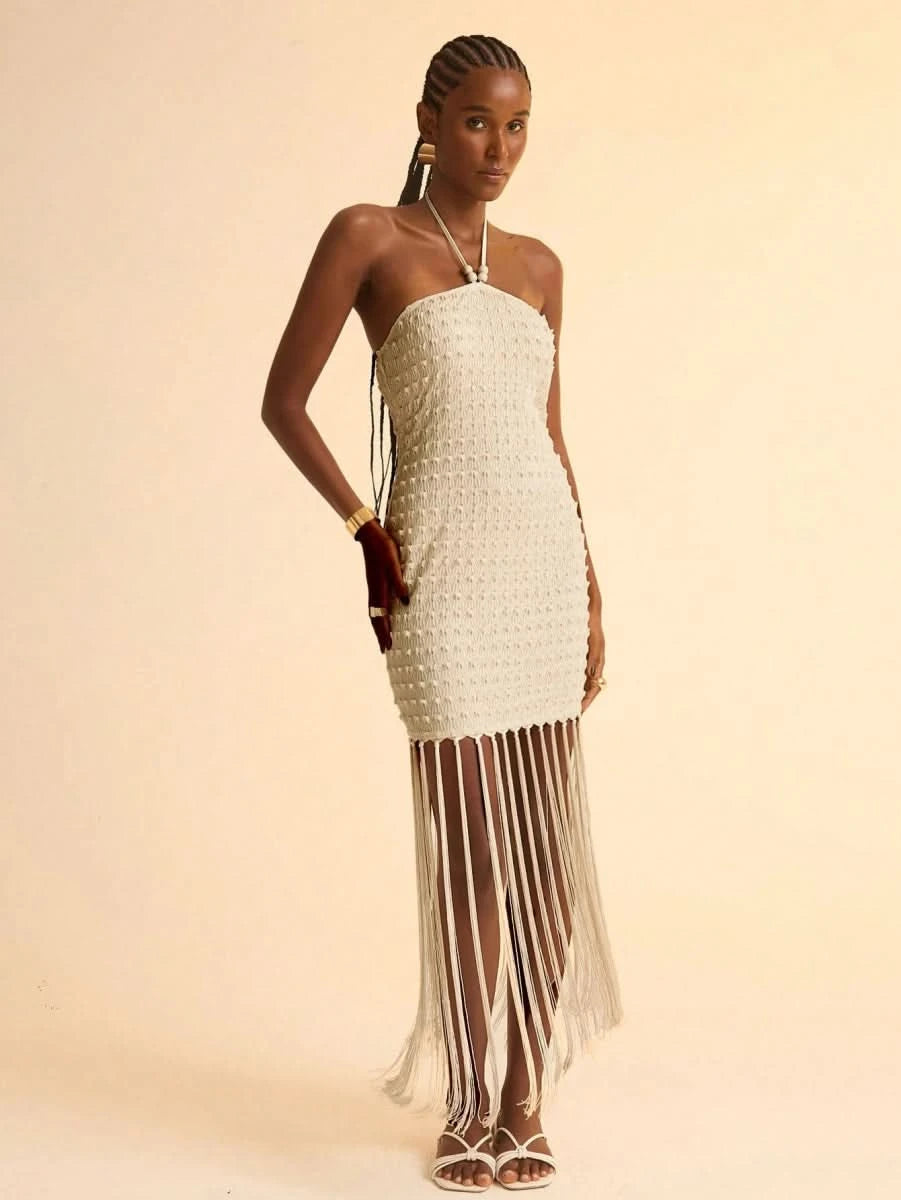 Boho Halter Pearl - Accent Tassel Mini Dress - Satin Whisper