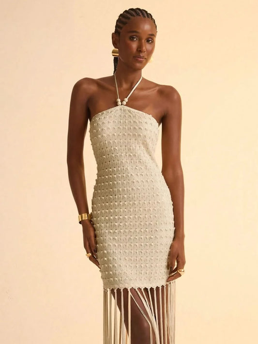 Boho Halter Pearl - Accent Tassel Mini Dress - Satin Whisper