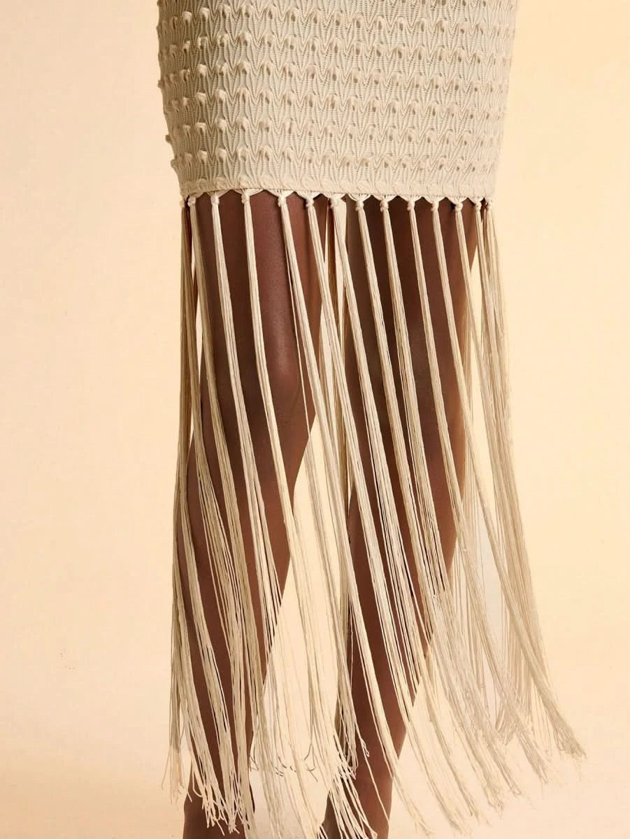Boho Halter Pearl - Accent Tassel Mini Dress - Satin Whisper