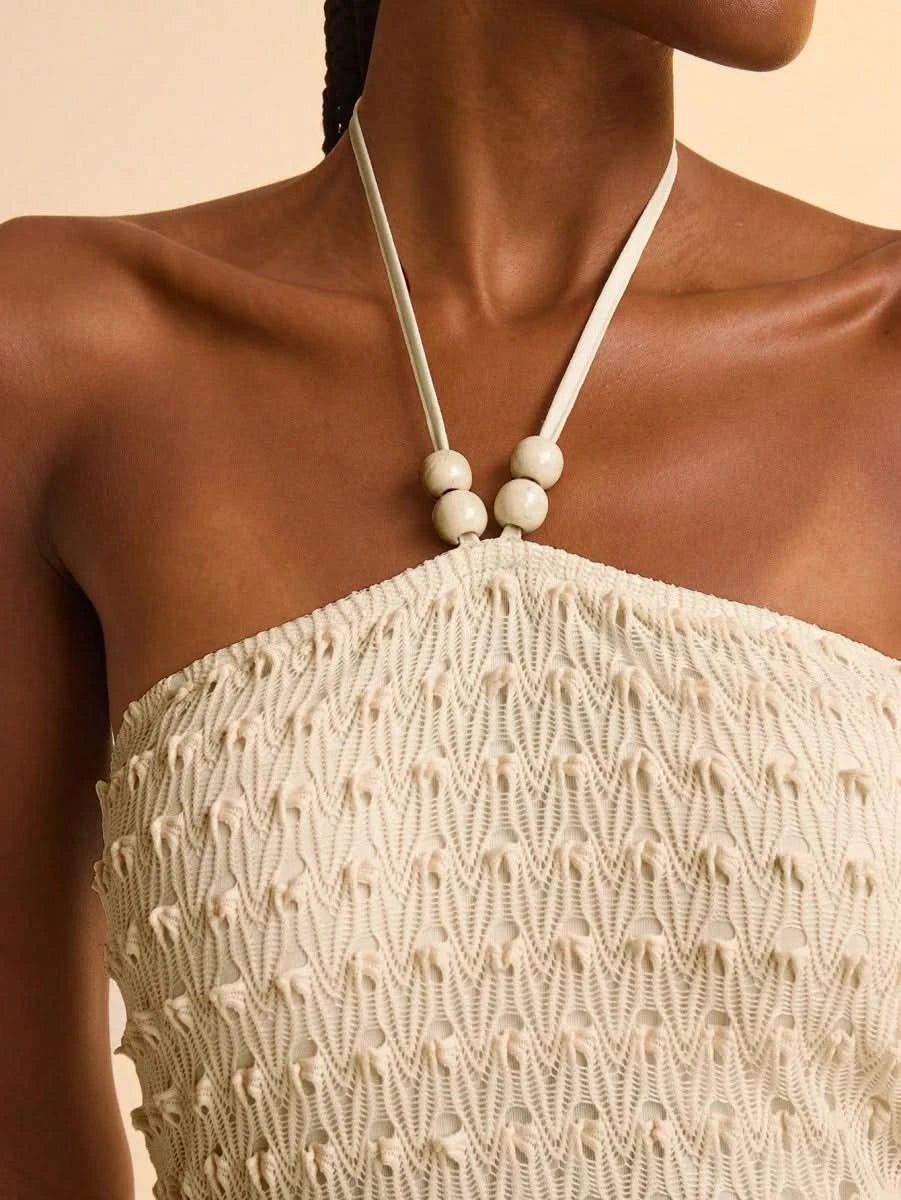 Boho Halter Pearl - Accent Tassel Mini Dress - Satin Whisper