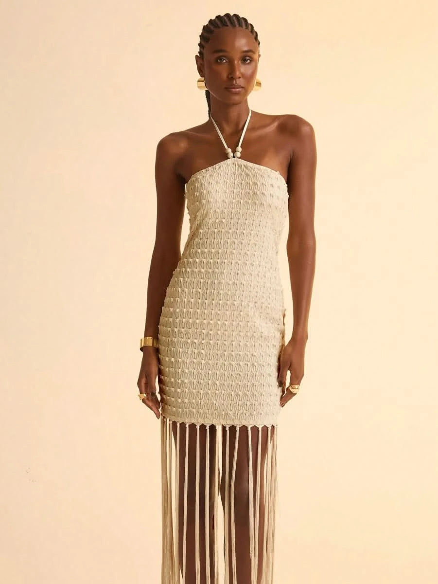 Boho Halter Pearl - Accent Tassel Mini Dress - Satin Whisper