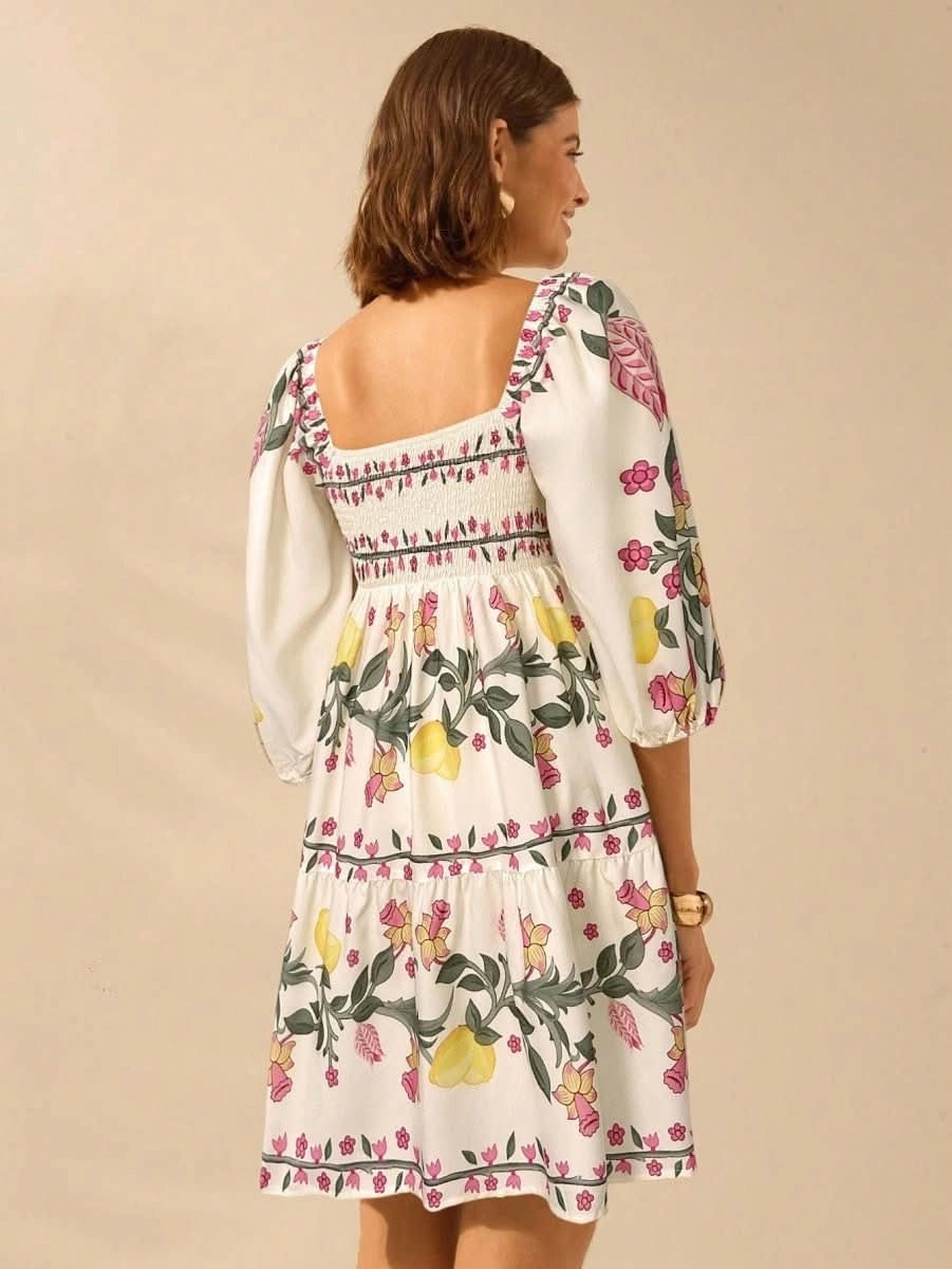 Boho Lemon & Floral Puff Sleeve Mini Dress - Satin Whisper