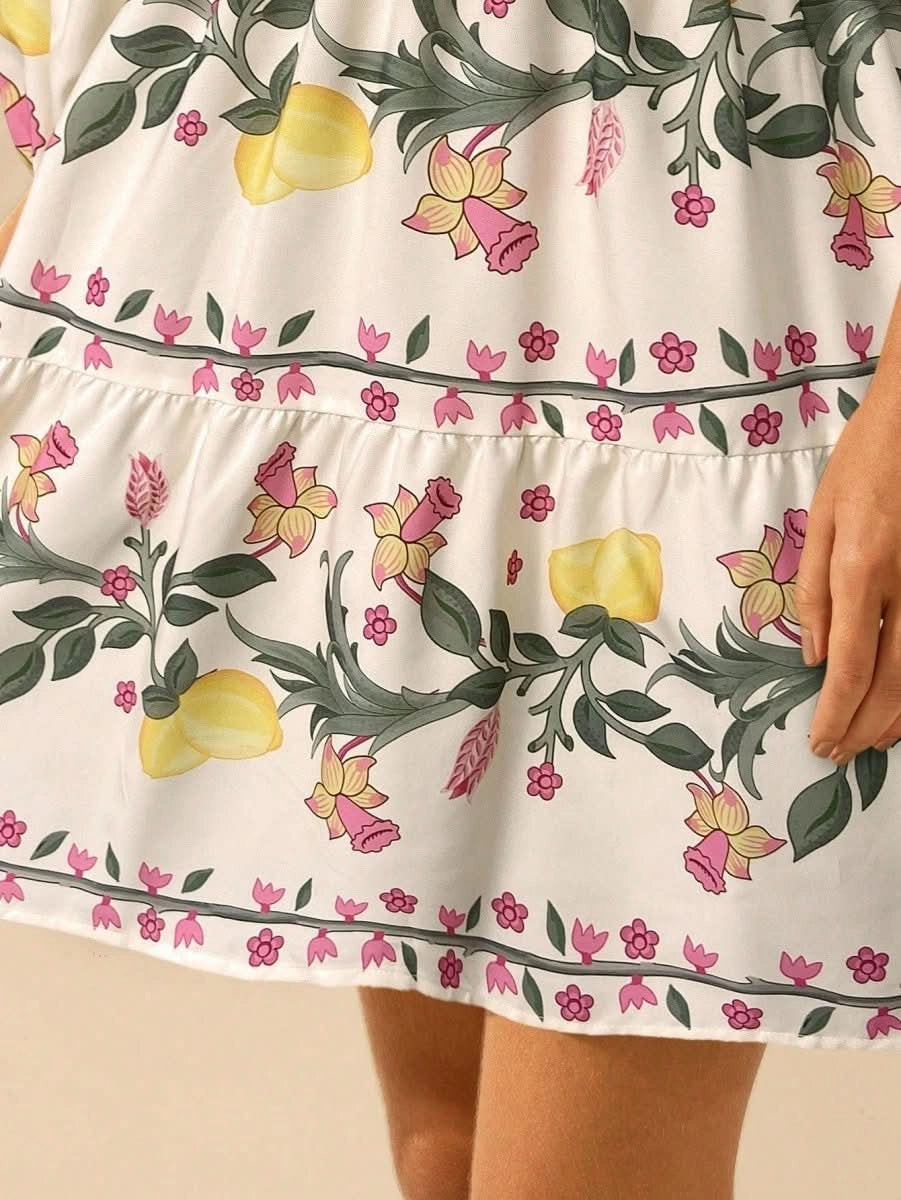 Boho Lemon & Floral Puff Sleeve Mini Dress - Satin Whisper