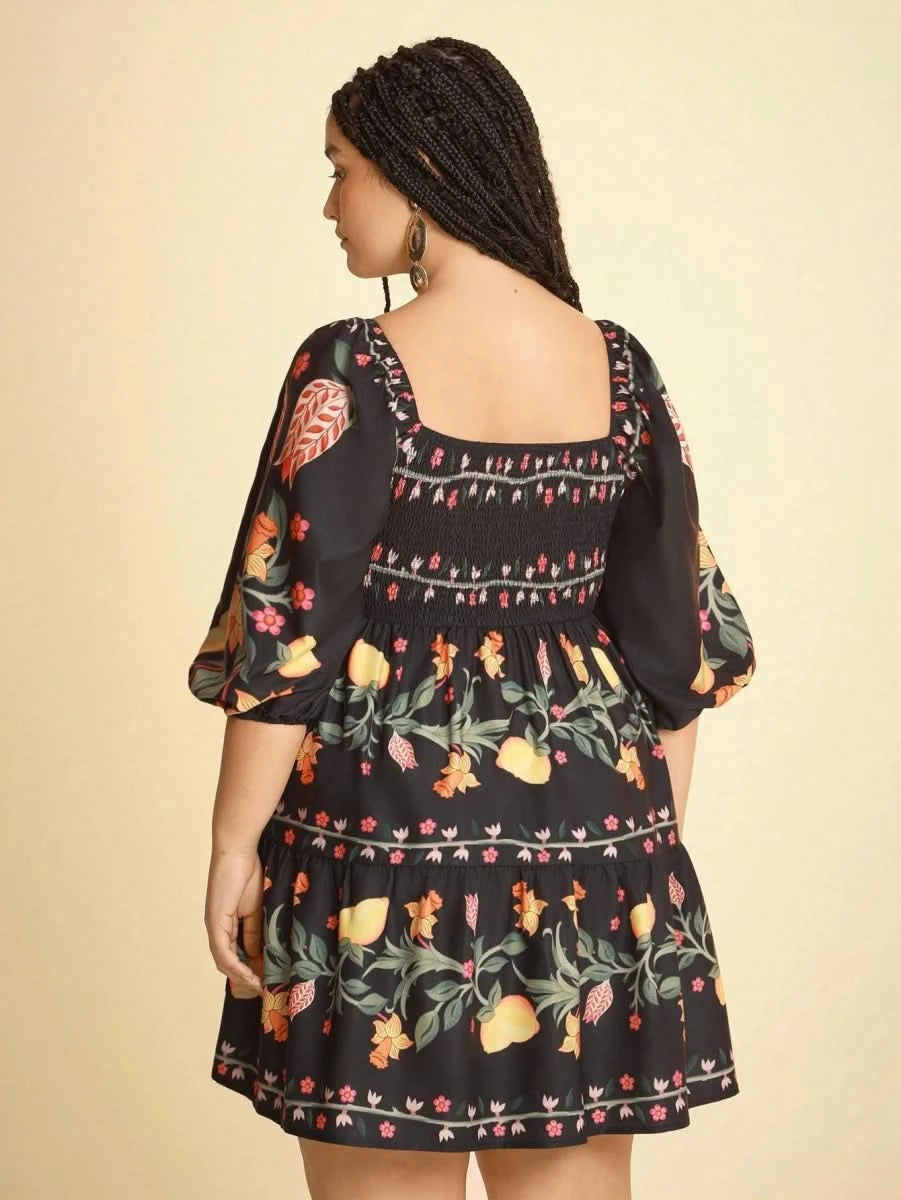 Boho Lemon & Floral Puff Sleeve Mini Dress - Satin Whisper