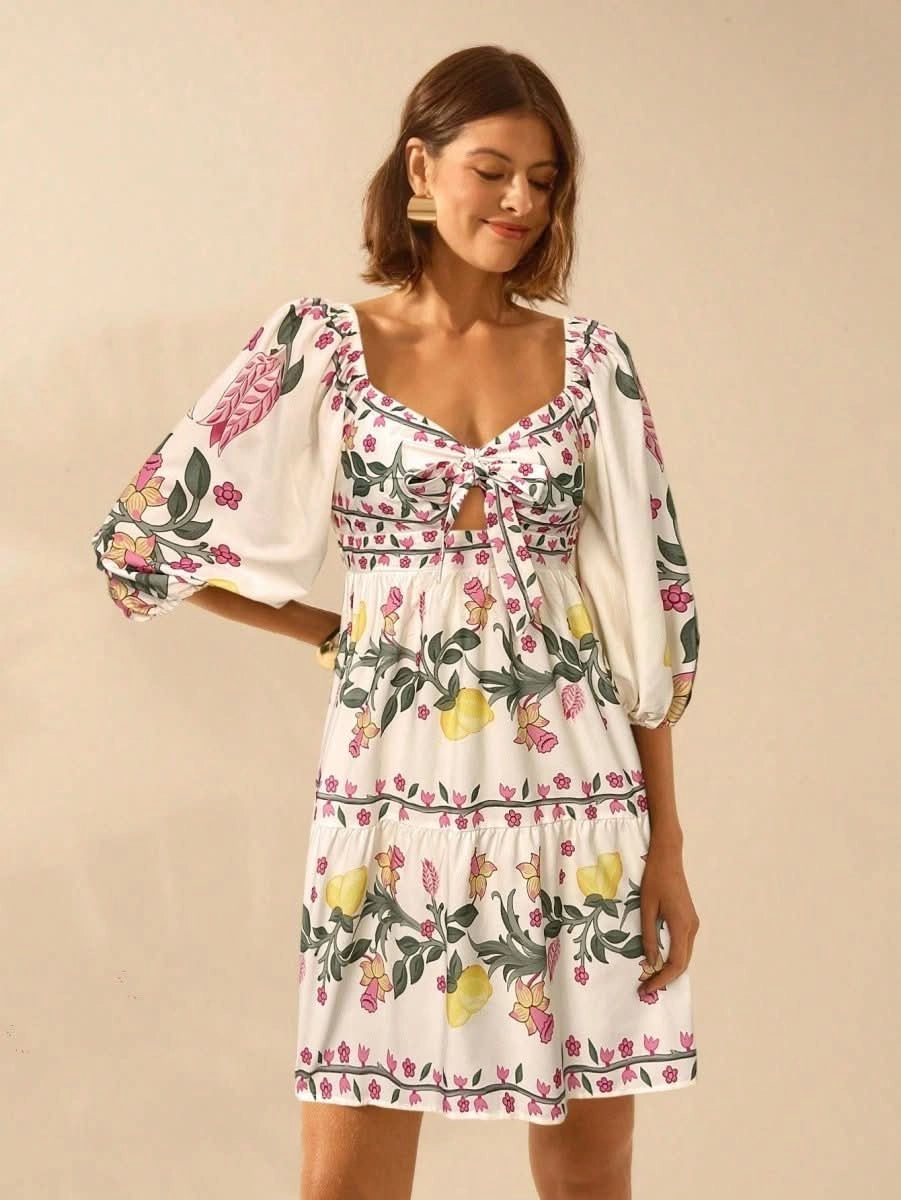 Boho Lemon & Floral Puff Sleeve Mini Dress - Satin Whisper