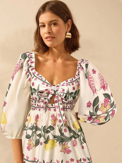 Boho Lemon & Floral Puff Sleeve Mini Dress - Satin Whisper