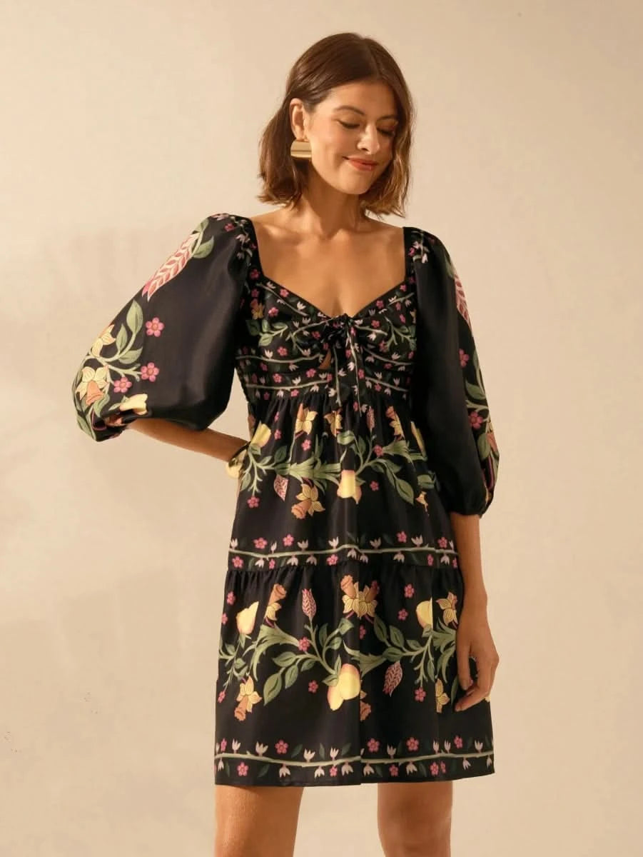 Boho Lemon & Floral Puff Sleeve Mini Dress - Satin Whisper