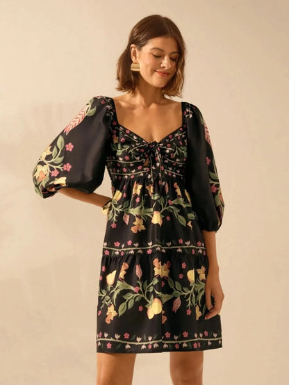 Boho Lemon & Floral Puff Sleeve Mini Dress - Satin Whisper
