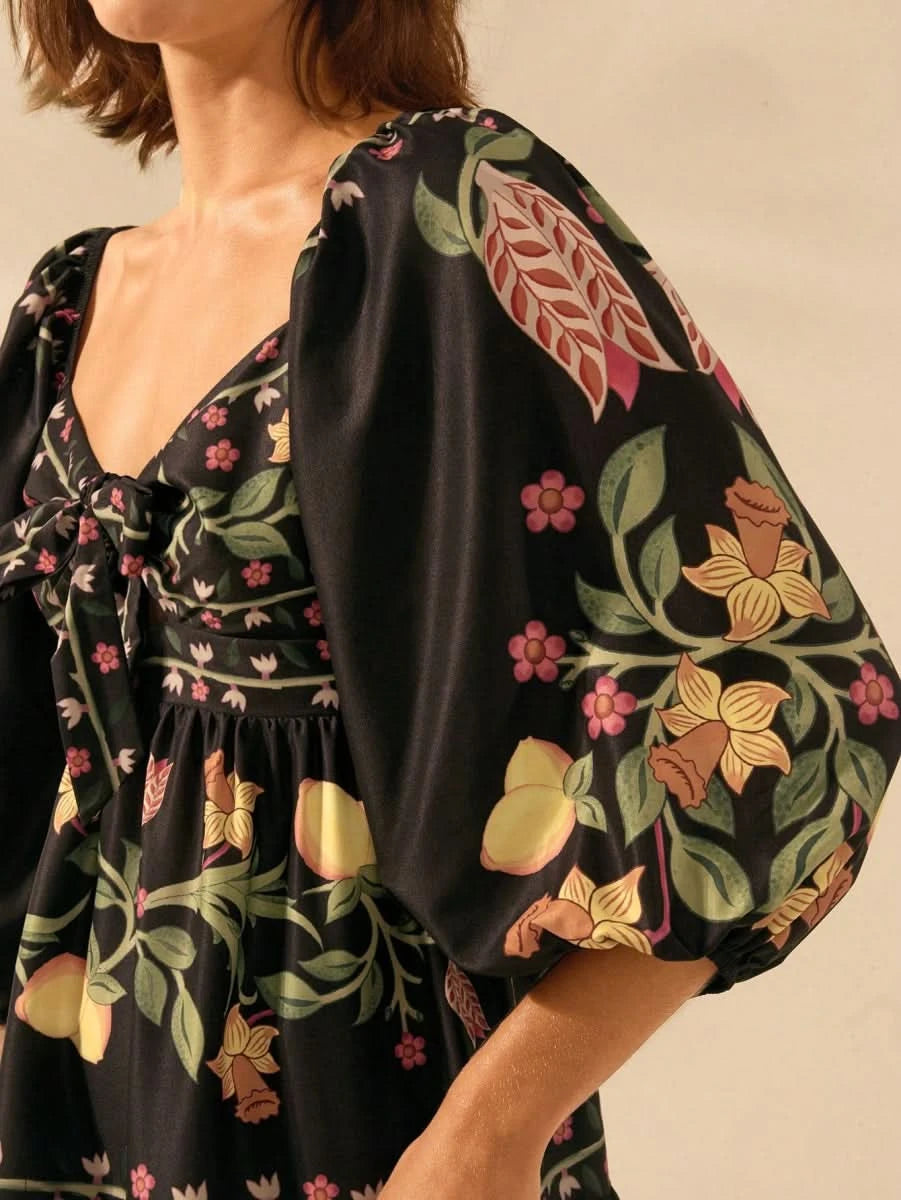 Boho Lemon & Floral Puff Sleeve Mini Dress - Satin Whisper