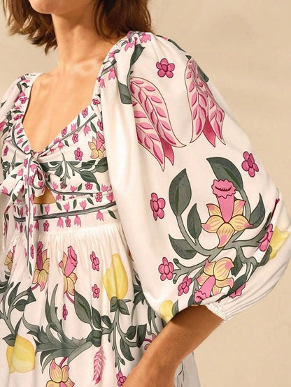 Boho Lemon & Floral Puff Sleeve Mini Dress - Satin Whisper